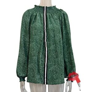 Rungolee Top Women XL Green Stars Shirt Flowy Smocked Silk Boho Laggenlook